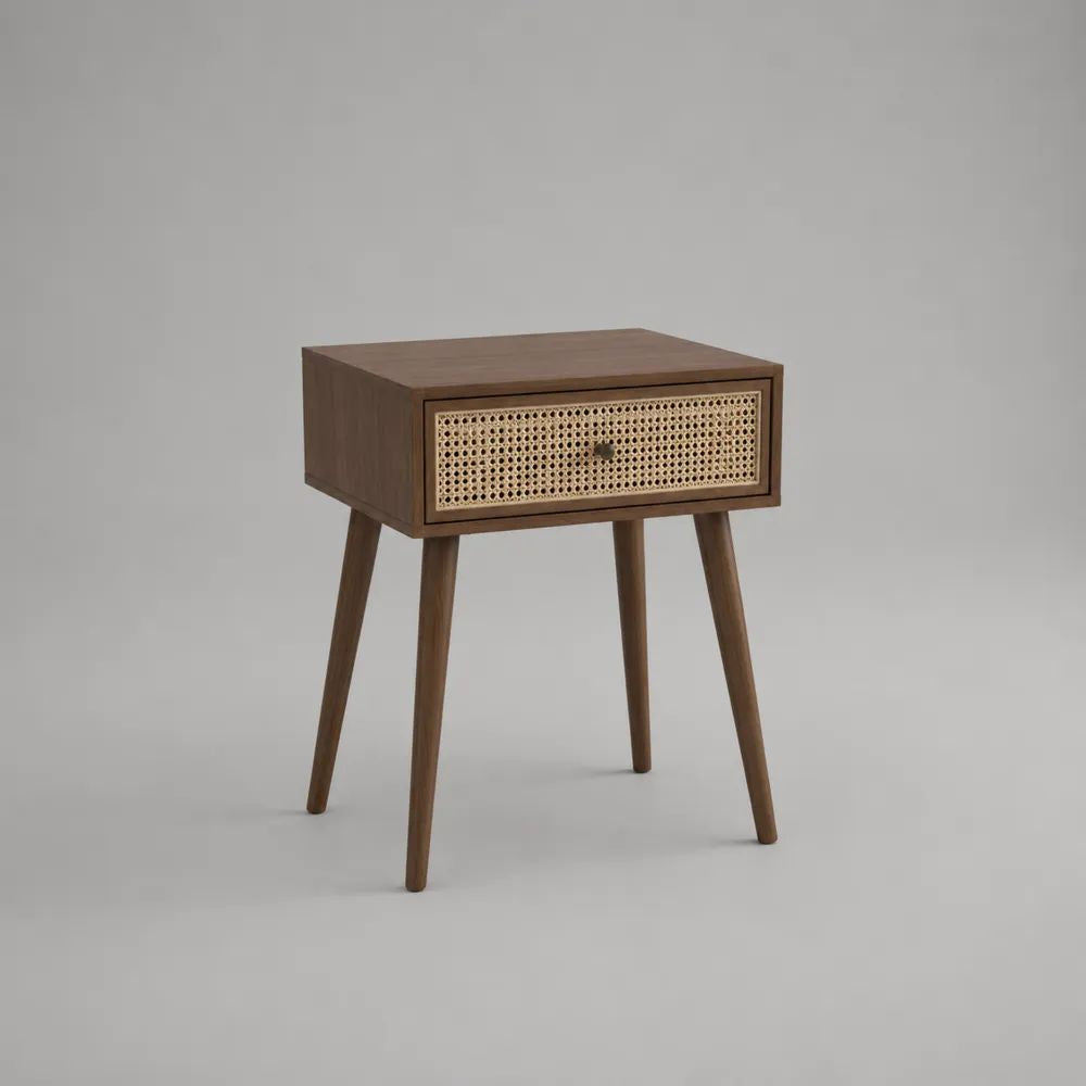 Comodino rettangolare in legno marrone noce con 1 cassetto in rattan, 45 x 35 x 60 cm