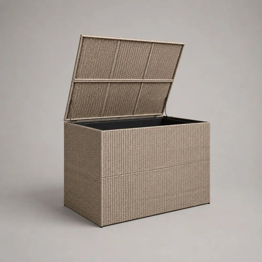 Baule portaoggetti da esterno in polyrattan PE e acciaio, beige tortora, 250 L, 100 x 50 x 60 cm