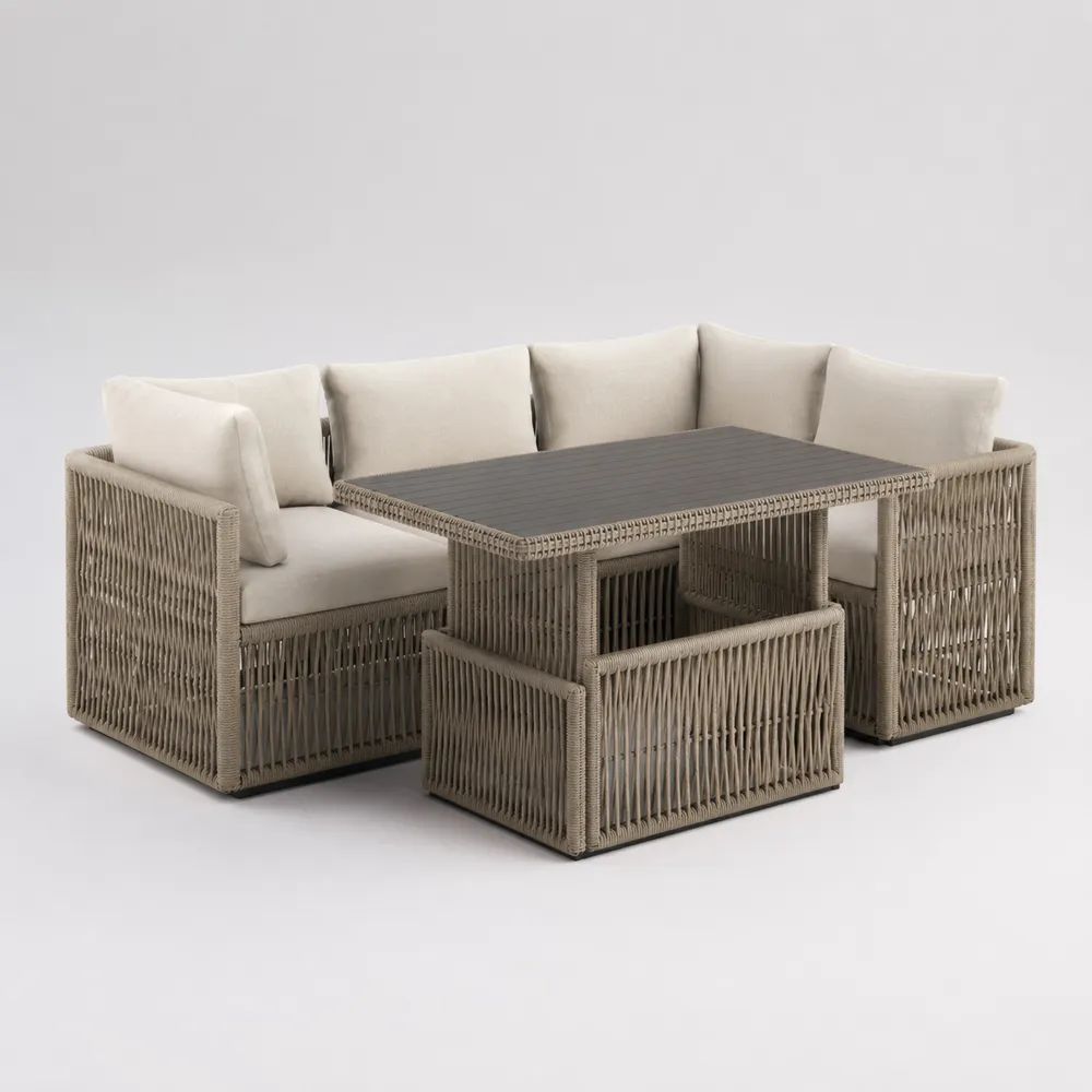 Set salotto da giardino 5 pezzi con divano angolare, tavolo rettangolare e 2 pouf in alluminio e corda di poliestere, tortora, beige e antracite, 236 x 158 x 76 cm