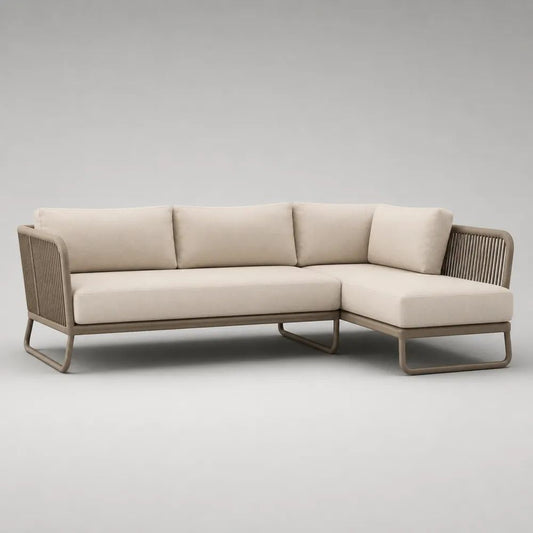 Divano angolare da giardino a 3 posti beige e tortora in alluminio con corda e cuscini, 220 x 160 x 76 cm