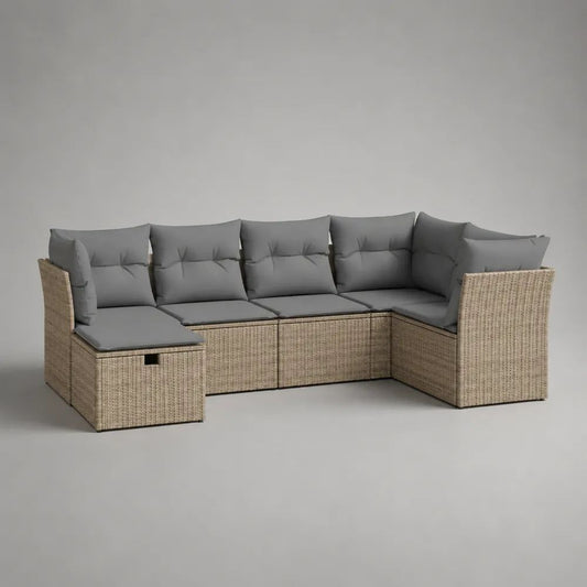 Divano modulare da giardino 4 pezzi, 5 posti, in rattan PE beige e tessuto grigio, 260 x 180 x 85 cm